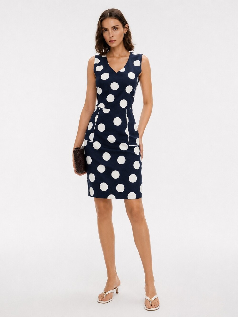 Sergio Tegon Navy White Polka Dot Sheath Dress Retro Chic S